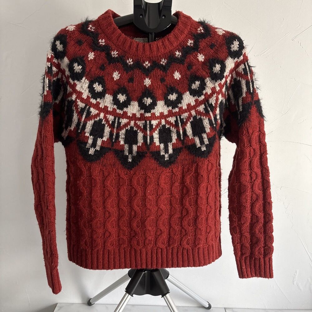 FatFace Fair Isle Cable Knit Sweater Rust Red Wool Blend Women's Size 6 US